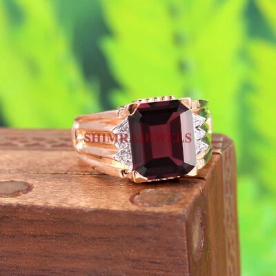 Натуральный гранат драгоценный камень с 18K розовое золото покрытием серебряное кольцо для мужчин #207 - Изображение 1 из 4