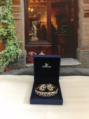 Conjunto de Pulseira e Brincos Swarovski Leopardo Preto Branco Cristal Dourado - NOVO - Imagem 1 de 4