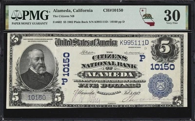 Alameda, CA $5 1902PB Fr. 602 Citizens NB Charter #10150 PMG Very Fine 30 - Image 1 of 2