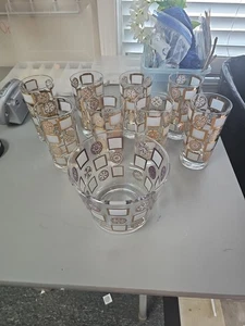Set Of 8 Vintage Gold Mid-century Starburst Square High Ball Glasses/ Ice Bucket - Picture 1 of 5