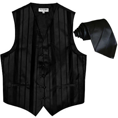 New formal men's tuxedo vest waistcoat & necktie vertical stripes black wedding - Image 1 of 4
