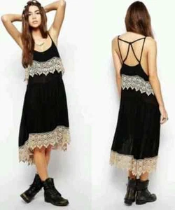 Free People Black Star Crochet Lace Boho Festival Hippie Midi Slip Dress S NWT  - Picture 1 of 2