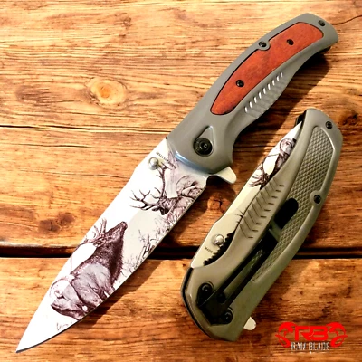 Navaja de bolsillo plegable abierta asistida por resorte con mango de madera hoja con estampado de alce clásico de 9" Foto 1 de 4