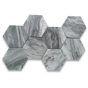 K35XP Bardiglio Gray Marble 5 inch Hexagon Mosaic Tile Polished - Picture 1 of 5