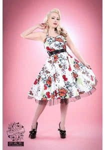 H&R LONDON WHITE TIGER SWALLOWTAIL RED DAISY 50s VINTAGE HALTER COCKTAIL DRESS - Picture 1 of 3