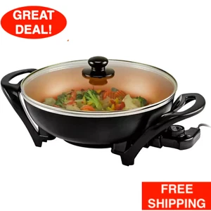 Copper Electric Wok Nonstick Coating Family Sized Skillet W/ Tempered Glass Lid - Picture 1 of 24