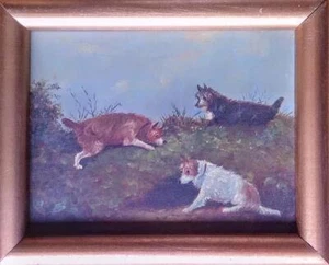 SMALL ANTIQUE OIL ON BOARD - TERRIERS HUNTING - UNSIGNED BRITISH SCHOOL C1900 - Picture 1 of 4