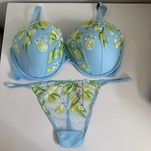NWT Victoria’s Secret Bra Set Size 36DD & L Light Blue Lemon Slice Dream Angels - Picture 1 of 11