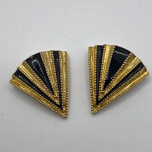 Vintage Pair French Art Deco Gold and Black Enamel Fans 1-1/4" Shoe Clips - Picture 1 of 4