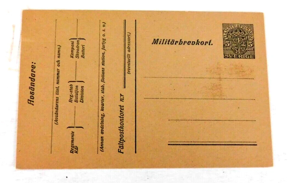 Tarjeta postal militar de Suecia, como nueva sin cancelar, 1914 Facit #M6K 1 Foto 1 de 2