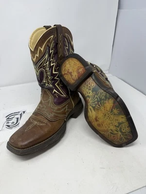 女士 Durango 10 英寸棕色和梅子西部牛仔靴橡胶鞋底 6M 码 — 第 1/4 张图片