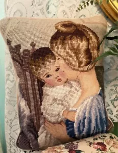 Vintage NeedlePoint Embroidered Mother Child Pillow Baby Room Décor Victorian - Picture 1 of 8