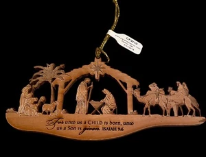 Wooden Carved Nativity Ornament For Unto Us Child Is Born New Tags 5” X 2.5” - Picture 1 of 8