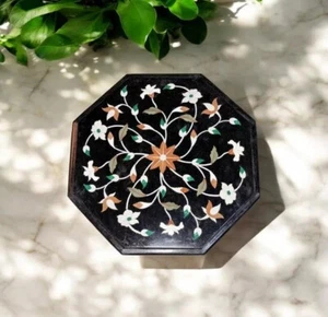 15" Elegant Black Marble Center Sofa Coffee Table Semi Precious Stone Floral Dec - Picture 1 of 7