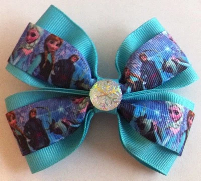 Girls Hair Bow 4" Wide Frozen Elsa Anna Aqua Ribbon Snowflake French Barrette - Image 1 of 3