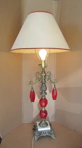 Vintage Table Lamp Red Lucite Prism Pendants Retro Art Deco Large - Picture 1 of 18