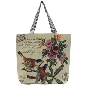 Flowers and Birds Design Large Canvas Tote Bag Travel Daily Shoulder Bag 17" - Picture 1 of 8