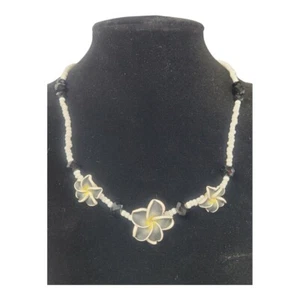 Puka Shell Necklace Girls Polymer Plumeria Flowers 14"-16" White Black  Hawaii  - Picture 1 of 4