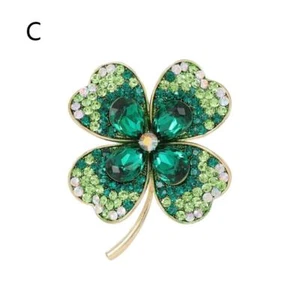 Lucky Four Leaf Clover Irish Shamrock Green Crystal Brooch Retro Emerald H D4P7 - Picture 1 of 16