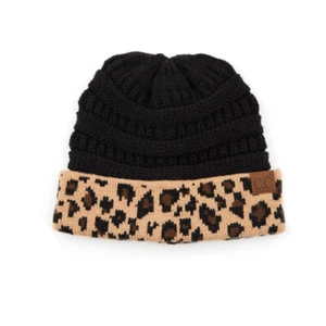 C.C Beanie Black Leopard Print – Soft Cable Knit Winter Hat –Warm Stocking Cap - Picture 1 of 1