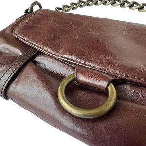 Hobo Leather Snap Closure Baguette Bag Clutch Brown with Gold Chain - Picture 1 of 7