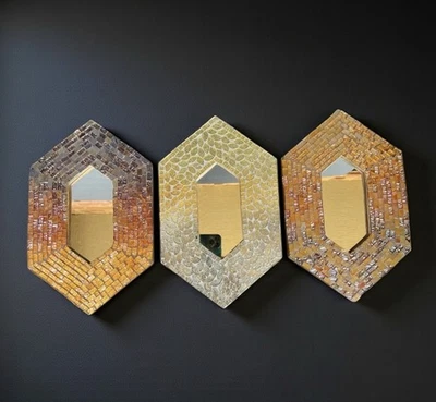 VTG MCM Boho 3 Pc Foil Mosaic Glass Mirror Frame Set Hexagon Wall Decor Amber - Image 1 of 4