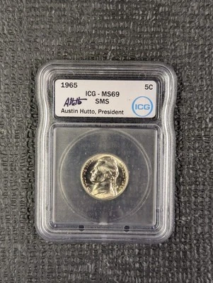 MS 69 SMS 1965 Jefferson Nickel 5c ICG - Nuevo A. Hutto Firmado Etiqueta Blanca Top Pop Foto 1 de 4