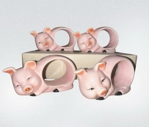 Stafford Porcelain Pink Pig Napkin Rings, Set Of 4 Vintage In Box - Picture 1 of 8
