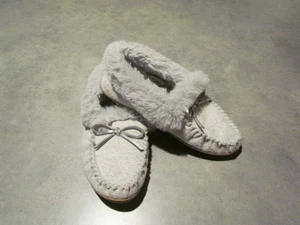 J Crew Moccasin Slippers Womens 10 Grey Fabric Faux-fur - Picture 1 of 4