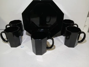 Set Vintage Arcoroc France Octime schwarz große Schüssel 9" schwarzes Glas + 5 Tassen  - Bild 1 von 21