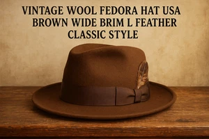Men’s Vintage Fedora Hat L | Wool Brown Wide Brim USA Made w/ Feather - Picture 1 of 8