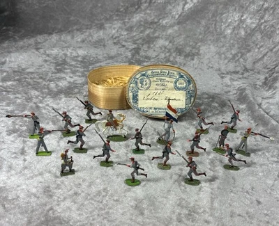 Fabulous Antique German Mini Flat Lead Soldiers Set in Orig Oval Wood Box - Image 1 of 4