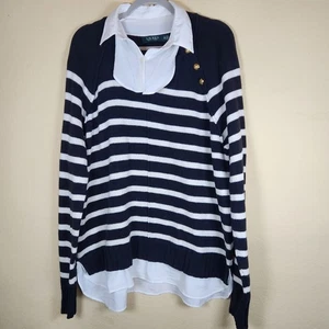 Polo Ralph Lauren blue white striped Sweater Preppy tunic inside out seam collar - Picture 1 of 11