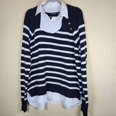 Polo Ralph Lauren blue white striped Sweater Preppy tunic inside out seam collar - Image 1 of 4