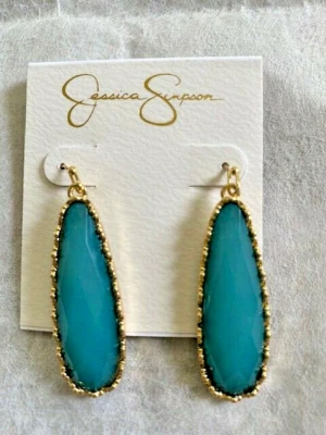 Pendientes colgantes largos Jessica Simpson piedra verde azulado dorado Foto 1 de 4