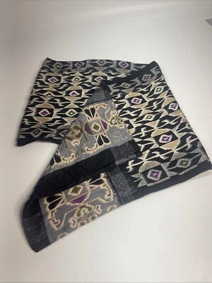Oscar de la renta Signed Silk Scarf 32x 11  Geometric print black beige Cut Tag - Image 1 of 4