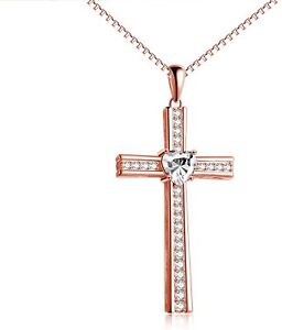 LOVELY Sapphire Heart Cross Necklace for Women Sterling Silver Pendant Chain