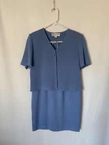 St. John Collection Womens Skirt Suit Set 2 Blouse Skirt Blue Elegant Stretch