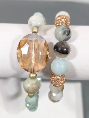 Juego de 2 pulseras elásticas boho 6,5" con cuentas facetadas de vidrio beige champán verde Foto 1 de 4