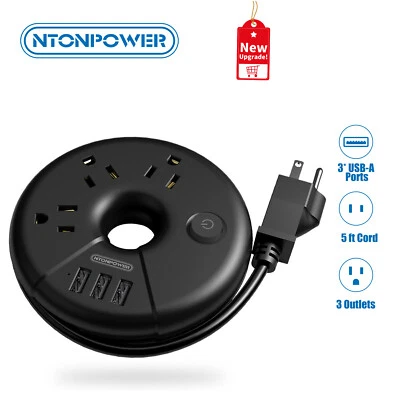 Power Strip with 3Outlets 3USB Charging Station 5ft Extension Cord for Travel - Image 1 of 4