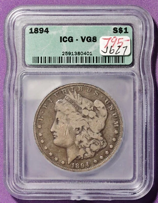 1894 Morgan Silver Dollar.  In ICG Holder.  VG 8.    j627 - Image 1 of 2