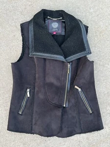 VINCE CAMUTO Womens Vest Large Black Suede Sherpa Fleece Lined Zip Moto Collared - Picture 1 of 4