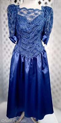Prom Dress Vintage 80's Royal Blue Satin & Lace Plunging Back Formal Dress Sz 9 - Image 1 of 4