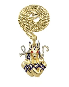Iced Gold PT Egyptian Anubis Pendant & Box Cuban Rope Chain Hip Hop Necklace - Picture 1 of 43