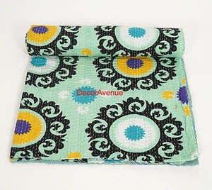 Hand Stich Kantha Quilt Floral Prints Cotton Bohemian Bed Spread Throw Blanket - Picture 1 of 6