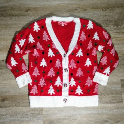 Рождественский свитер-кардиган 33 градуса средний красный коренастый вязаный блестящий праздничное развлечение - Изображение 1 из 4