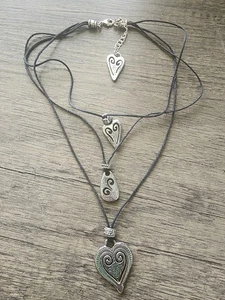 Brighton Brazilian Heart Pendant Necklace Triple Strand Black Cord Bohemian Vtg - Picture 1 of 10