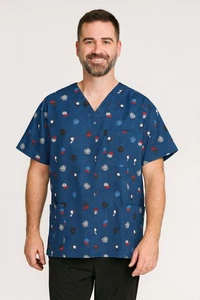 NWT Cherokee Uniforms Scrub Top Blue Jean Print Baseball Size 2X Blue Red Unisex - Picture 1 of 7