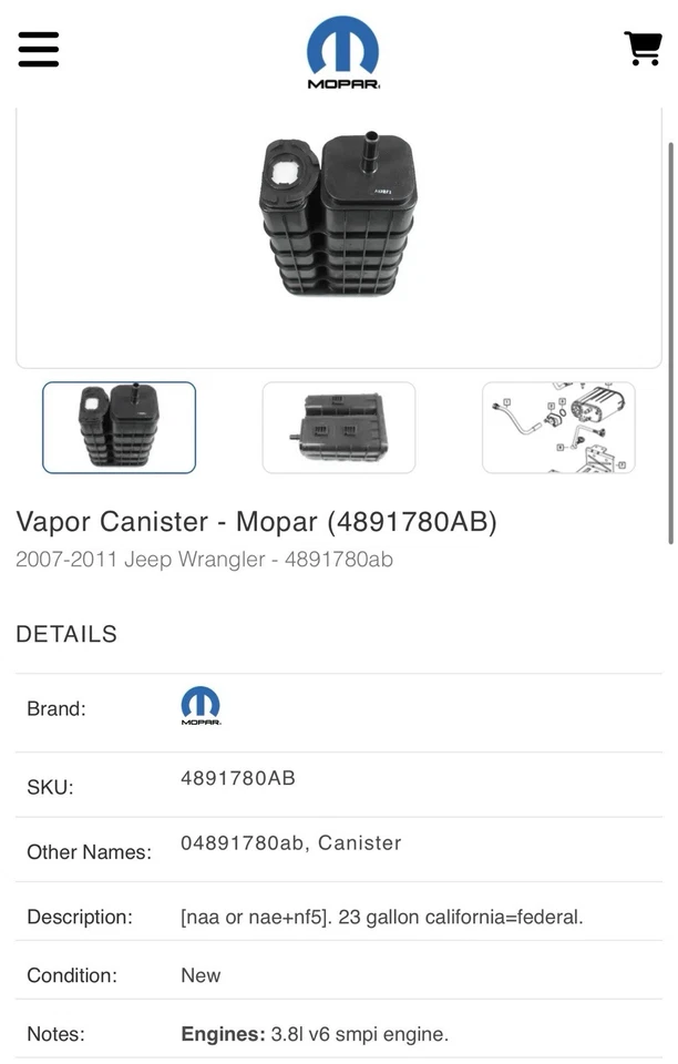 NUEVO Bote de vapor genuino Mopar 04891780AB Jeep Wrangler 3,8 L V6 Foto 1 de 3