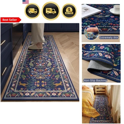 Floral Non Slip Washable Runner Rug for Kitchen Hallway Entryway Blue - Image 1 of 4